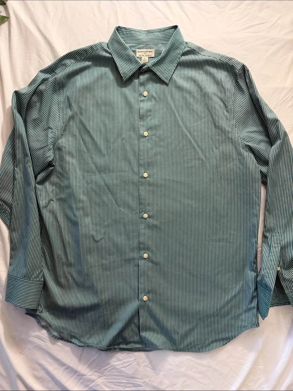 Banana Republic Men's Teal and White Pinstripe Button-Down Shirt (0003)